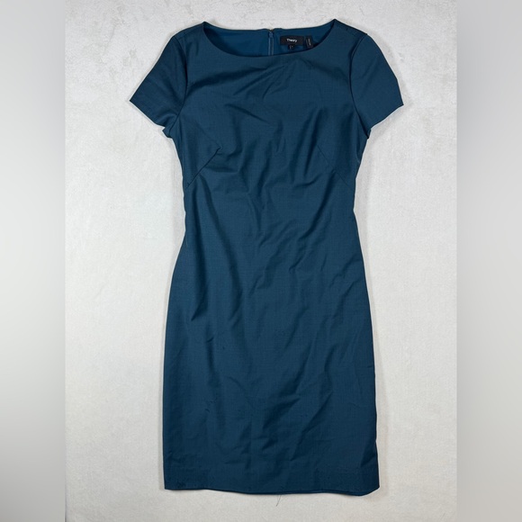 Theory Dresses & Skirts - Theory Sz 4 Betty Continuous Teal Short Sleeve Stretch Wool-Blend Sheath Dress